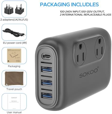 SOKOO 230 W Universal Voltage Converter & Travel Adapter – Transform 100-220 V to 110 V for Global Compatibility in 150+ Countries with Quick Charge 3.0 USB Ports – Essential Power Solution for International Travelers, Ideal for EU, UK, AU, US & India – Compact, Lightweight & Safety-Enhanced Design for Effortless Device Charging on the Go