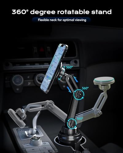 Magnetic Cup Phone Holder Car Wireless Charger for MagSafe, 15W Fast Charging Car Mount Stand for iPhone 16 Pro Max/15/14/13/12, Cupholder Expander, LED Light Ring, Strong N52 Magnets – Enhanced Compatibility and Speed