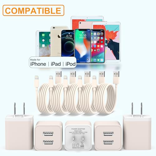 i GENJUN 5-Pack i Phone Charger Set – Dual Port USB Wall Adapter with 6 FT Lightning Cables for Fast Charging & Data Sync – Compatible with i Phone 14, 13, 12, 11 Pro Max, XR, XS Plus – Sleek Beige Design for Modern Convenience