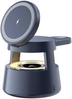 Transform Your Charging Routine with the Ultimate 3-in-1 Magnetic Wireless Charging Station – Seamlessly Power i Phone, Air Pods, and Apple Watch, Featuring Built-in Bluetooth Speaker and Soft Night Light, Foldable Design for Effortless Portability, 20 W Fast Charging Adapter Included for Enhanced Performance