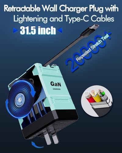 Revolutionize Your Charging Experience with the W & O 45 W Ga N Fast Charger – All-in-One Retractable Dual Cable Wall Plug for i Phone 16/15/14/13/12/11 & Galaxy S25/24 – Ultimate Lightning and Type-C Compatibility for Lightning-Fast Power Delivery – Sleek, Compact, and Durable Charging Solution Perfect for Home, Office, or Travel – Tidy Your Space with Innovative Design and Effortless Portability