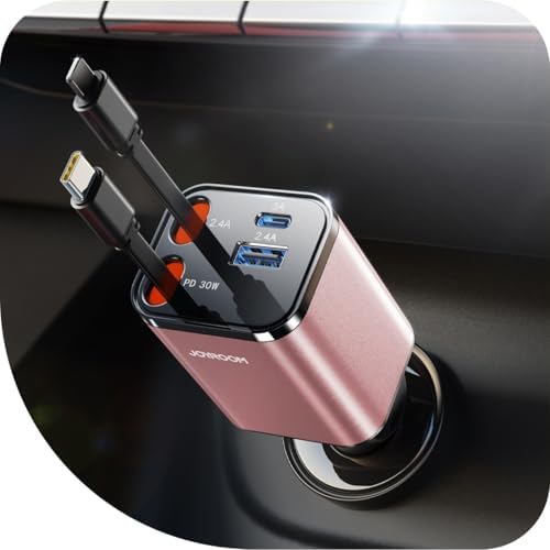 JOYROOM Ultra-Compact 84 W Retractable Car Charger – Fast USB-C Charging for i Phone 12-16 | Travel Essential Car Adapter for Quick Device Power-Up | Sleek Design, Tangle-Free Cable, Perfect Gift for Men & Women