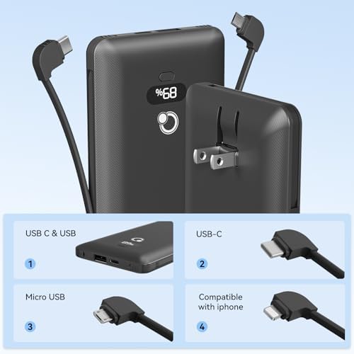 Ultimate Brand Q 10000 m Ah Portable Charger with Built-in Cables and AC Wall Plug – Fast Charging Power Bank with USB-C, Triple Output Ports for i Phone, Tablet & All Smartphones – Perfect Travel Companion for On-the-Go Charging