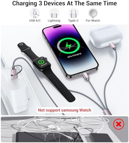 Temdan 3-in-2 USB C Charging Cable: Versatile Multi-Device Charger for Apple Watch Ultra, SE & i Phone 12-16 – Rapid Charge, Compact Travel Essential – Stylish Pink Smartwatch Accessory for On-the-Go Power Solutions