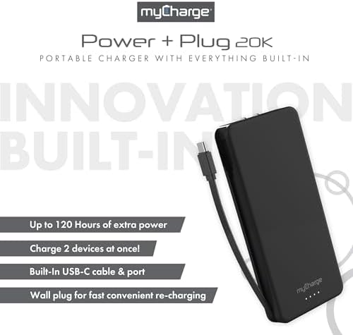 Ultra-Fast my Charge Power+Plug 20,000 m Ah Portable Power Bank with Built-in Charging Cable, USB-C Port, and Foldable Wall Plug – Ideal Travel Companion for Apple & Android Devices with 120 Hours of Reliable Power