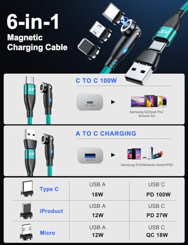 Revolutionary 100 W Magnetic USB C Charging Cable with 540-Degree Rotation – Dual-Pack of 3.3 FT & 6 FT Lengths for Fast Charging and Data Transfer – Universal Compatibility for All Devices – Durable Design for Hassle-Free Connectivity and Enhanced Efficiency
