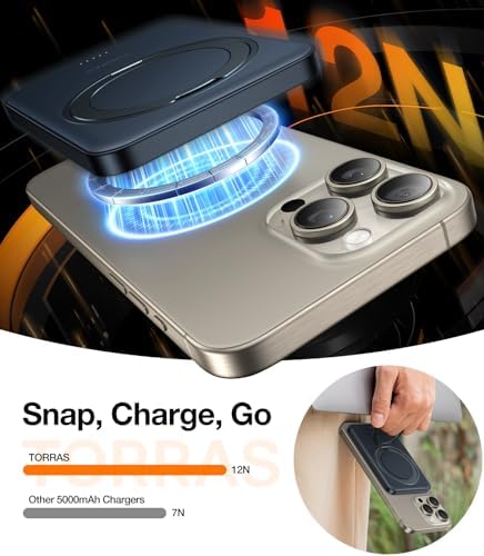TORRAS 5,000 m Ah Magnetic Power Bank with Integrated Stand – Ultra-Slim Wireless Charger for i Phone 15 Series & Samsung Galaxy S24 Ultra – Fast Charging Convenience for On-the-Go Power Needs – Lightweight & Durable Design for Effortless Portability