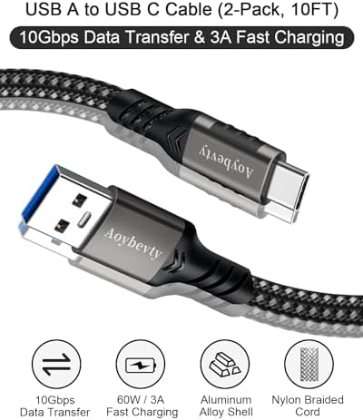 High-Speed USB A to USB C Cable (3.3 FT & 10 FT) – 10 Gbps Data Transfer, 60 W Fast Charging for Samsung Galaxy S23/S22/S21/S20/S10 Ultra & All Type C Devices – Durable Nylon Braided Design for Ultimate Flexibility and Performance