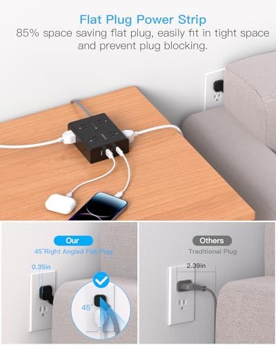 Versatile Surge Protector Power Strip with 8 AC Outlets & 4 USB Ports (2 USB-C), 6 Ft Flat Plug Extension Cord, 1080 Joules Safety Rating, Wall Mountable Charging Station for Home, Office, and Dorm – Streamlined Device Management & Fast Charging Enhanced