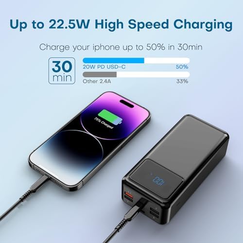 Ultra High-Capacity 50000 m Ah Power Bank with 5 Outputs & 3 Inputs – Fast Charging Portable Charger with 22.5 W USB-C Technology and LED Display for i Phone, Samsung, Android & More – Ultimate Multi-Device Power Solution for On-the-Go Charging