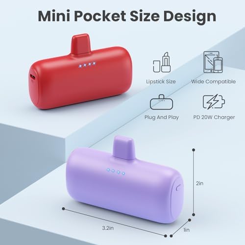 Ultra-Compact 2-Pack i Phone Power Bank – 5200 m Ah PD Fast Charging Mini Portable Charger for Travel – Cordless, Lightweight Battery Pack Compatible with i Phone 14/14 Pro/13/12/11/X/8/7/6 Plus – Essential Charging Solution for On-the-Go Lifestyles