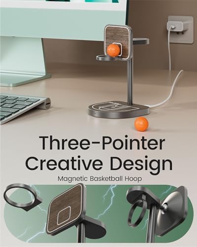 Innovative 3-Point Power 3-in-1 Charging Station for Apple Devices – Sleek Aluminum Alloy Magnetic Wireless Charger Stand with Mini Basketball & Hoop, Perfect for i Phone 16/15/14/13/12, 5 W Apple Watch & Air Pods Charging, Compact Black Design for Enhanced Speed and Style