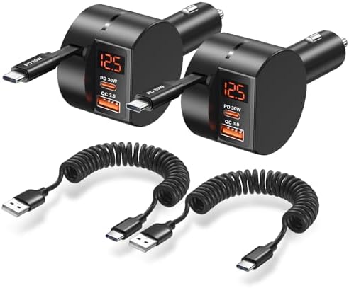 OKRAY 78 W Retractable USB C Car Charger with Coiled Cable – Fast PD30 W Charging for Samsung Galaxy S25, S24, A16 & i Phone 16, 15 Pro Max – Multi-Port 12 V Cigarette Lighter Adapter for Seamless Travel Power Solutions
