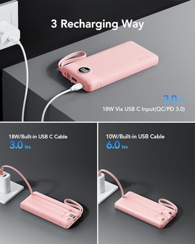 VRURC 22.5 W Pink Portable Charger – 10000 m Ah Power Bank with Fast Charging Capability, USB-C Dual Functionality, 4 Outputs & 3 Inputs – Essential Travel Companion for i Phone 16/15/14/13, Samsung & Android Devices – Compact Design for On-the-Go Power Management