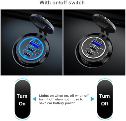 Mec Recare 12 V USB Outlet – Waterproof Dual PD 3.0 & Quick Charge 3.0 Charging Port for Marine, RV, Golf Cart & Motorcycle – Enhanced Durability and Fast Charging Power Switch for 12/24 V Systems