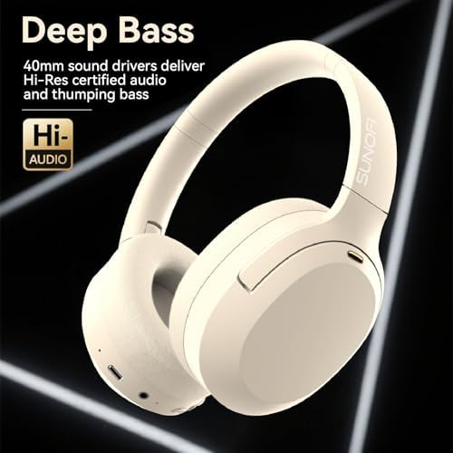 Suno Fi Hybrid Active Noise Cancelling Over-Ear Headphones – Wireless Hi-Res Audio with Exceptional Deep Bass, 40-Hour Playtime, and Foldable Travel Design for Comfort and Connectivity – Chic White Finish Perfect for Modern Sound Enthusiasts