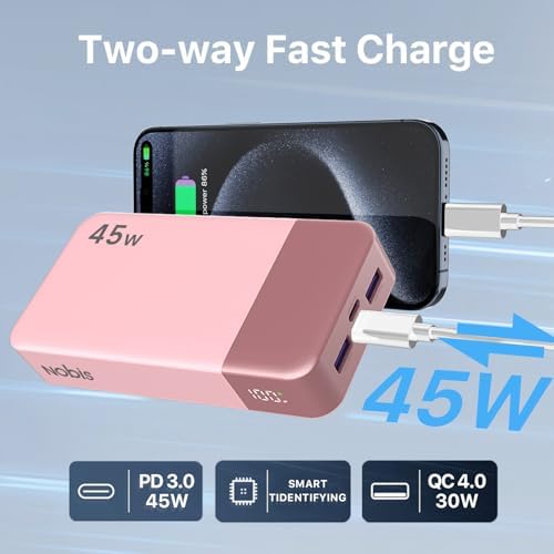 NOBIS 20000 m Ah Ultra-Fast Portable Power Bank with Smart Digital LED Display – 45 W Quick Charge Battery Pack Featuring Dual USB-A & Type-C Ports for Simultaneous Charging of Up to 4 Devices – Perfect for Travel, Outdoor Adventures, and Emergency Situations (Vibrant Orange)