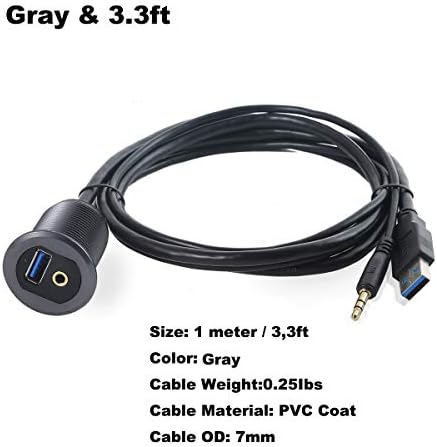 Elevate Your Vehicle’s Connectivity: 3.3 ft USB 3.0 & 3.5 mm TRS Jack Flush Mount Cable with LED – Durable Blue Metal Shell Extender for Seamless Dashboard Integration in Cars, Trucks, Boats, and Motorcycles – Perfect USB & Audio Accessory for On-the-Go Convenience