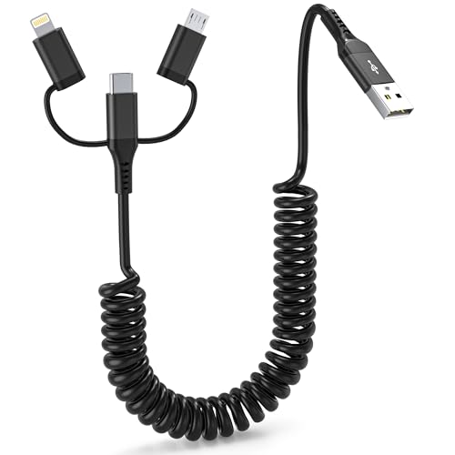 Dual-Connector USB to USB-C and Lightning Coiled Charger Cable – 2-in-1 MFi Certified Fast Charging & Data Syncing Cord for i Phone 16/15/14/13, i Pad & Android Devices – Optimal Performance for Apple Car Play & Android Auto