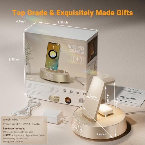 Revolutionize Your Nighttime Routine with the FREEFISH 7-in-1 Wireless Charging Station: Multi-Device Charger for i Phone 16-11 Pro Max, Apple Watch, and Air Pods Pro – Features Alarm Clock, Dimmable Night Light, and Bluetooth Speaker for Ultimate Convenience and Style