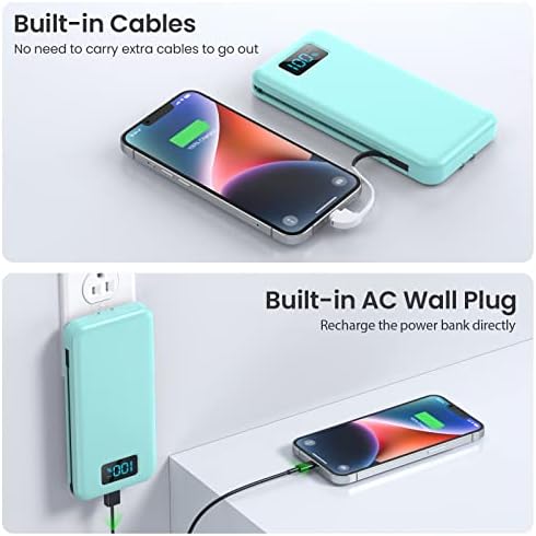 Ultra-Slim 13800 m Ah Portable Charger with Built-in Cables & AC Plug – Multi-Device USB-C Power Bank with 4 Outputs & LCD Display for i Phone, Samsung, and Android – Effortless Charging on the Go