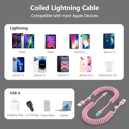 Elevate Your Charging Journey with Opluz Pink Coiled Lightning Cables – 2 Pack, MFi Certified i Phone Car Charger Cords for Fast & Efficient Charging Compatible with i Phone 14/13/12/11 Pro Max/XR/XS/X/8/7 and i Pads – Stylish, Tangle-Free Design Perfect for Car Play Integration and On-the-Go Power!