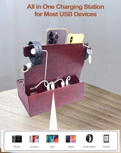 Multi-Device USB Charging Station with 4 Ports – Fast PD & QC3.0 Power Delivery, Stylish Wooden Organizer for Desk & Nightstand – Ideal Birthday Gift for Men, Dads, Husbands, and Moms – Elegant Solution for Cable Management and Rapid Charging