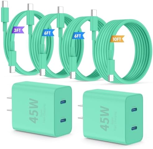 Ultimate Fast Charging Solution for i Phone 16/15 Pro Max – 45 W Dual Port USB-C Charger Block (2-Pack) with Extra Long 60 W Cables – PD Quick Adapter 3.0 for Enhanced Device Compatibility and Speed – Perfect for Home or On-the-Go Charging