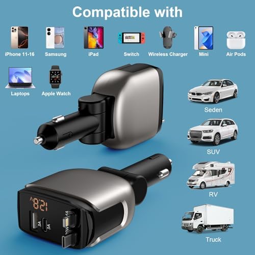 Ultimate Retractable 4-in-1 Car Charger – Fast Charging Solution with 2.6 ft Cable, Dual USB-C & Phone Compatibility for i Phone 16/15 Pro Max, Galaxy, Pixel – Essential Travel Accessory for Multi-Device Power Needs