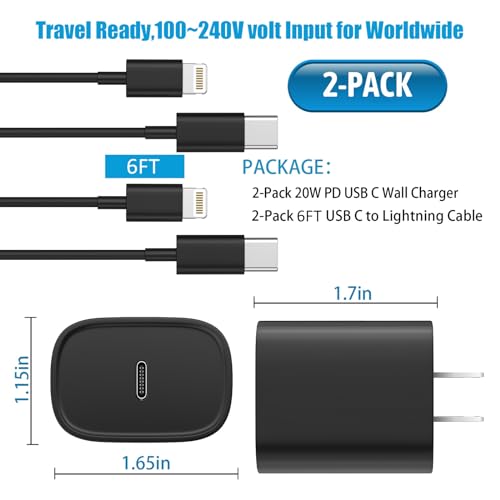 Rapid Charge Lightning Cable & 20 W USB-C Block for i Phone 14/13/12/11 – 3 FT Long Durable Fast Charger for i Pad and i Phone Models – Sleek Black Design for Enhanced Performance and Compatibility