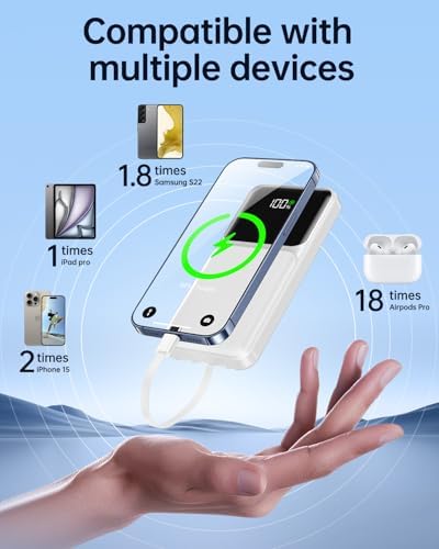 Ultimate 20,000 m Ah Portable Charger with Built-in Cable – Slim 22.5 W Fast Charging Power Bank for i Phone, Samsung, and Android Devices with LED Display, 5 Outputs & 3 Inputs – Essential Travel Companion for Uninterrupted Connectivity