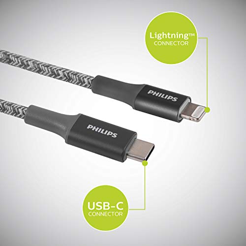 PHILIPS 3 Ft USB C to Lightning Charging Cable – Fast Charging Cord for i Phone 14/13/12 & Air Pods Pro, Durable Braided Design in Sleek Gray – Enhanced Durability and Rapid Power Delivery for Apple Devices