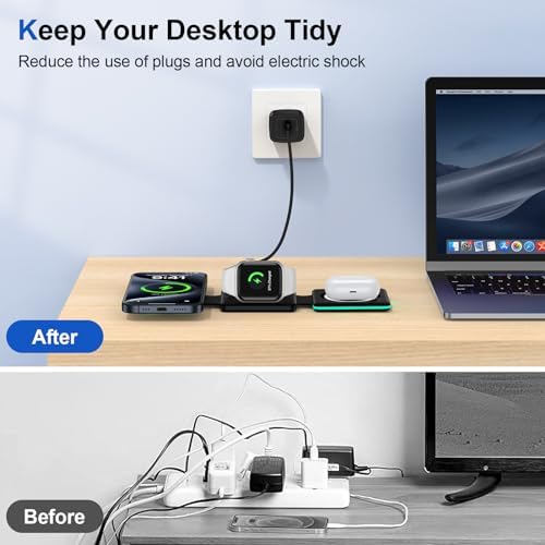 Ultimate 3-in-1 Magnetic Wireless Charging Station for i Phone, Air Pods, and Apple Watch – Foldable Travel Dock with Fast Charging for i Phone 15/14/13/12 Pro/Max/Mini/Plus, Air Pods Pro/3/2, and All Watch Series – Compact, Efficient, and Stylish Power Solution for On-the-Go Users