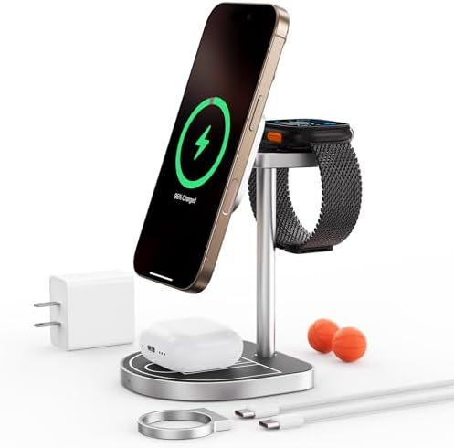 X85 Magnetic 3-in-1 Wireless Charger Stand – Versatile Charging Station for i Phone 16/15/14/13/12, Apple Watch S10/Ultra/9/8/7 & Air Pods 4/3/2/Pro – Adjustable Viewing Angles with Unique Basketball Court Design – Fast Charging Solution for Tech Enthusiasts
