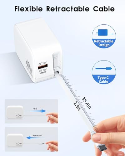 40 W Retractable Wall Charger with 35.4-Inch Lightning Cable – Fast Charging Solution for i Phone 14, i Pad, Pixel, and Galaxy – 3-Port USB-C Charging Block with Compact Foldable Plug for Ultimate Portability and Enhanced Compatibility