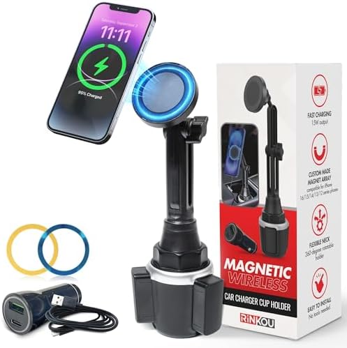 Mag Safe Cup Holder Wireless Charger Mount – 15 W Fast Charging Magnetic Phone Holder for i Phone 12/13/14, Adjustable Design with QC Adapter & Cable, Ultimate Driving Convenience for Enhanced Safety and Accessibility