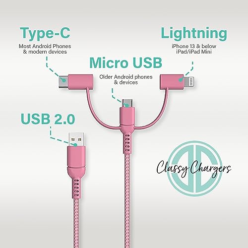 Versatile 3-in-1 Universal Charging Cable – 6 ft Nylon Braided Charger for i Phone, Android & More | Lightning, Type C & Micro USB Compatibility | Fast Charging Solution in Vibrant Tangerine for Ultimate Convenience and Style
