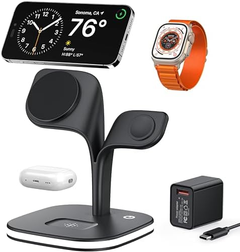 Revolutionary EXW Multi-Device Wireless Charging Hub: High-Performance Mag Safe Charger for i Phone 16/15/14/13/12, Apple Watch Series 1-9, and Air Pods – Sleek Black Finish with LED Charging Indicator & Complimentary Adapter for Effortless Device Management
