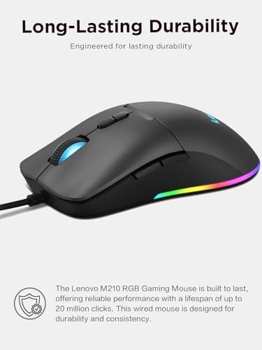 Lenovo M210 RGB Wired Gaming Mouse – High-Performance 8000 DPI Adjustable Sensor, 3 RGB Lighting Zones, and 7 Customizable Buttons for Ultimate Gaming Precision – Ergonomic Palm Grip Design for PC, Laptop, and Chrome OS Users – Unleash Your Game with Enhanced Compatibility and Style