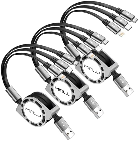 Ultimate 3-in-1 Retractable Charging Cable Set – 3 Pack, 4 Ft Multi Fast Charger with IP, Type C, and Micro USB Compatibility for Seamless Charging of Smartphones and Tablets – Enhanced 3 A Speed, Durable Design, Ideal for Home, Office, and Travel