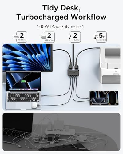 Ultimate 100 W Ga N USB-C Charging Station with Surge Protection – 6-Port Multi-Device Power Strip for Mac Book Pro, i Phone 16 Pro, and Chromebook – Space-Saving Flat Plug Design and 5 ft Extension Cord for Flexible Use – Perfect for Home and Travel