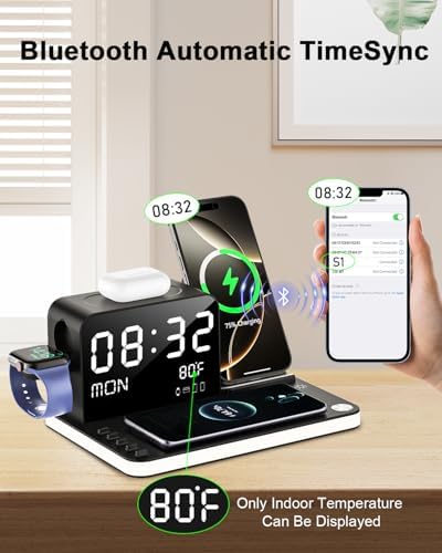 Dual 7-in-1 Wireless Charging Station for Apple Devices – Fast 33 W Dual i Phone Charger with Adjustable Touch Lighting, Bluetooth Time Sync, and Multifunctional Compatibility for i Phone 16/15/14/13/12, Apple Watch, and Air Pods – Enhanced Safety Features and User-Friendly Design