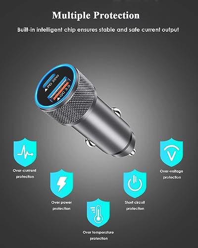 High-Performance i Phone Car Charger – Dual-Port 38 W USB-C & QC3.0 Fast Charging Adapter with 2 Lightning Cables, MFi Certified for i Phone 14, 13 Pro Max, 12, 11, X – Sleek Grey Design for Enhanced Compatibility and Efficiency on the Road