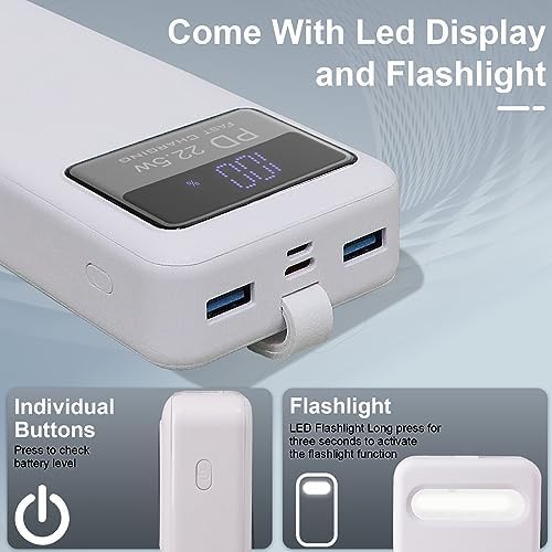 High-Capacity 20,000 m Ah Portable Charger with 22.5 W PD Fast Charging, LED Display, and Flashlight – USB-C Compatible Power Bank for i Phone, i Pad, Samsung, LG, and Android Devices – Ultimate On-the-Go Charging Solution in Sleek White Design