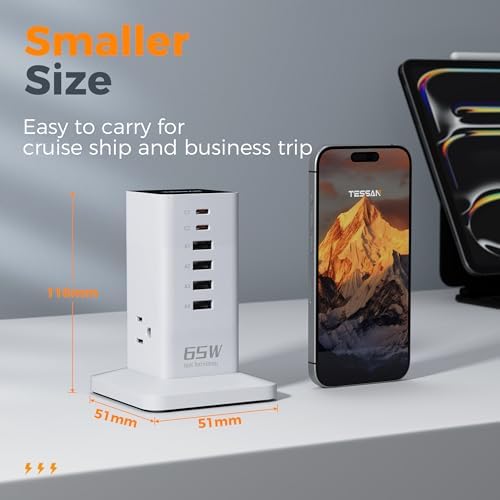 TESSAN 9-in-1 Powerful USB Charging Station – PD 65 W Multi-Device Charger Block for i Phone 15/16, Mac Book & Tablet – Fast, Efficient Power Delivery with 3 AC Outlets – Compact Travel & Home Office Accessory – Enhanced Compatibility & Safety Features