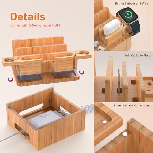 Eco-Friendly Bamboo Multi-Device Charging Hub: Efficient Organizer with Rapid Charge Technology and 5 Premium Cables for Phones, Tablets, Earbuds & Smartwatches – Elegant Power Station for Home & Office Efficiency