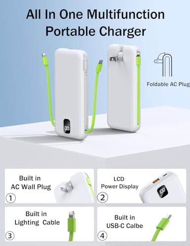 Ultra-Compact 10,000 m Ah Portable Charger with Integrated Cables & AC Plug – Fast Charging Power Bank for i Phone, Samsung, and Android Devices – QC 22.5 W & PD 20 W Travel Essential with Sleek Design for Maximum Convenience and Reliability