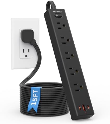 Ultra-Slim 15 FT Flat Plug Power Strip with 5 Outlets & 3 Smart USB Ports – 1700 Joules Surge Protector for Home, Office & Dorm Use – Space-Saving Design with Right-Angle Plug for Optimal Access and Charging Efficiency