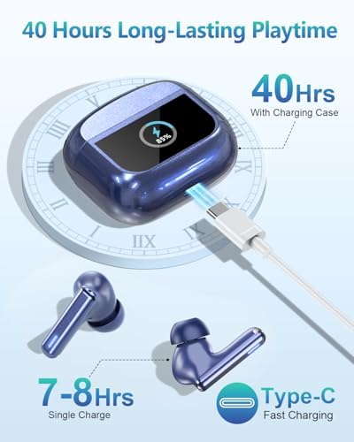 Premium Bluetooth Wireless Earbuds with Advanced Touch Control – Cutting-Edge ANC & ENC Noise Cancellation for Immersive Sound – 40 Hours Deep Bass Playback & IPX7 Waterproof Design for Ultimate Durability – Crystal Clear Call Quality with Integrated Microphones – 5 Customizable EQ Settings for Tailored Listening on i OS & Android Devices (Sleek Dark Blue) – Your Ideal Audio Companion for Active Lifestyles and Uninterrupted Enjoyment
