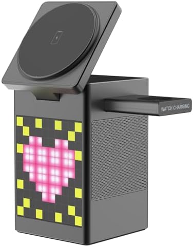 Ultimate 3-in-1 Wireless Charging Station with Bluetooth 5.3 Speaker & Adjustable Alarm Clock – 15 W Qi-Compatible Magnetic Fast Charger for 3 Devices, Enhanced Audio Experience, USB Type-C Ports, Mood Lighting & Voice Assistant Compatibility – Ideal Bedside & Desk Organizer in Sleek Black